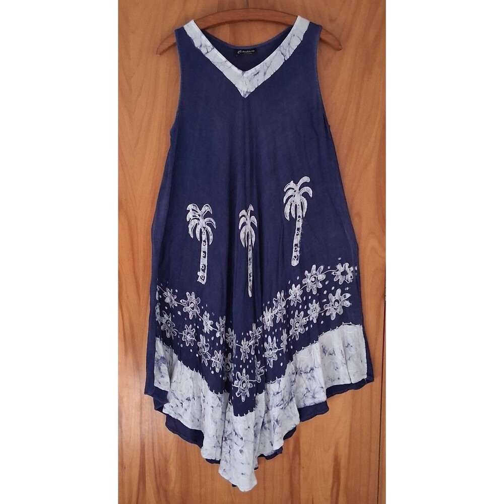 Creations Indigo Blue Batik Tie Dye Palm Tree Hanky Hem Midi Sundress M/L